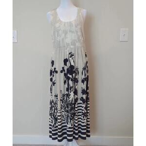 New Papillon Womens XL White Navy Blue Wildflower Striped Long Dress Boho Beach